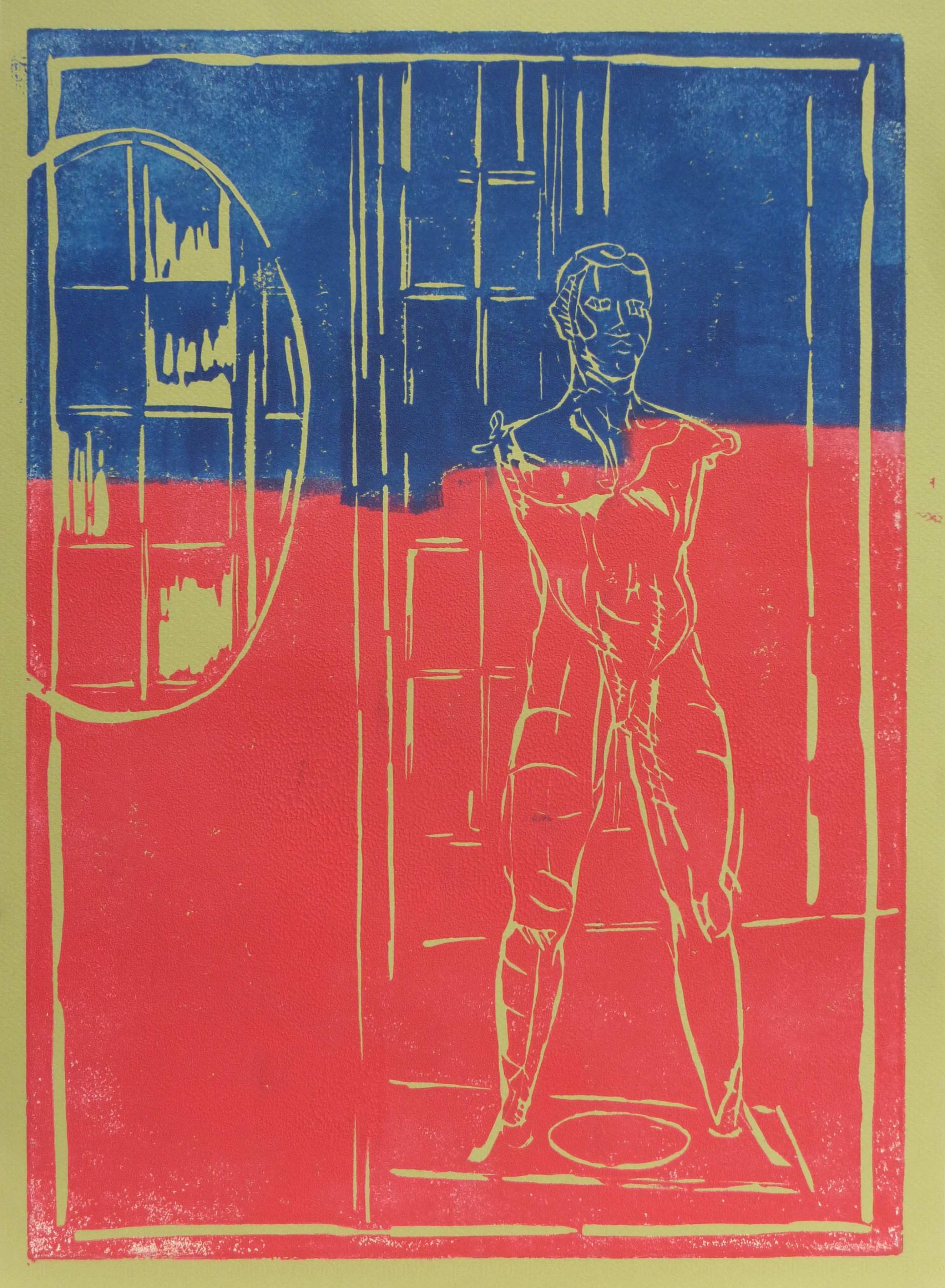 Gipsfigur im Raum, 2020, Linolschnitt/Ingres Papier, 42 x 30 cm